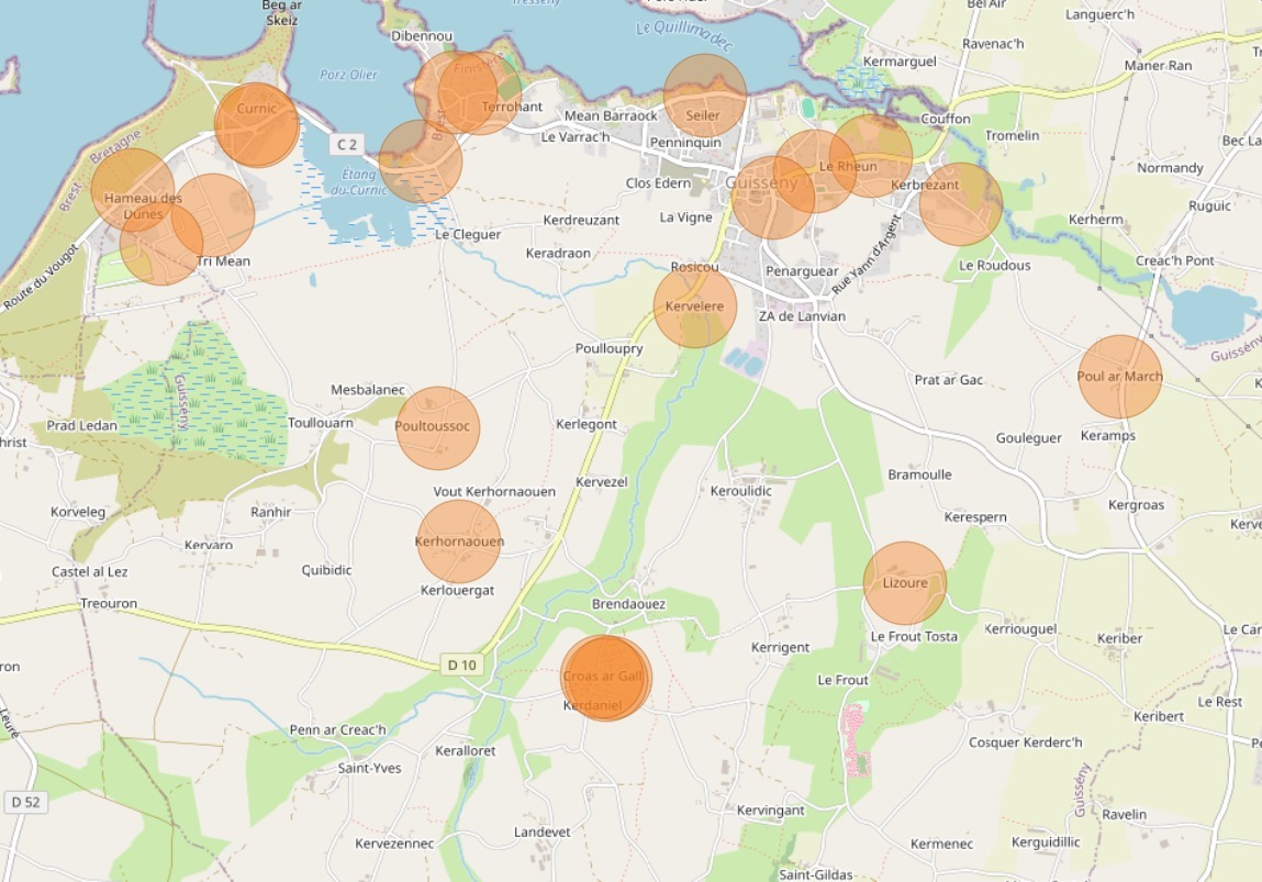 Carte de répartition des co-listiers sur le territoire de Guissény - Élections municipales 2026